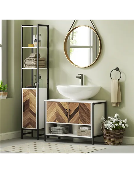HOMCOM Under Sink Bathroom Cabinet, Rustic Under Sink Cabinet with Herringbone Doors and Open Compartment for Basin with or with