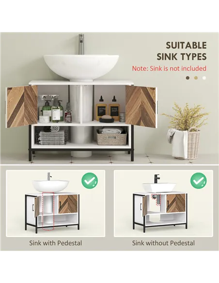 HOMCOM Under Sink Bathroom Cabinet, Rustic Under Sink Cabinet with Herringbone Doors and Open Compartment for Basin with or with