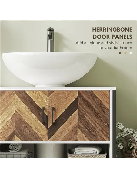 HOMCOM Under Sink Bathroom Cabinet, Rustic Under Sink Cabinet with Herringbone Doors and Open Compartment for Basin with or with
