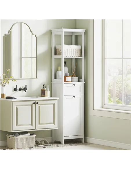 HOMCOM Tall Bathroom Cabinet, with Laundry Basket - White