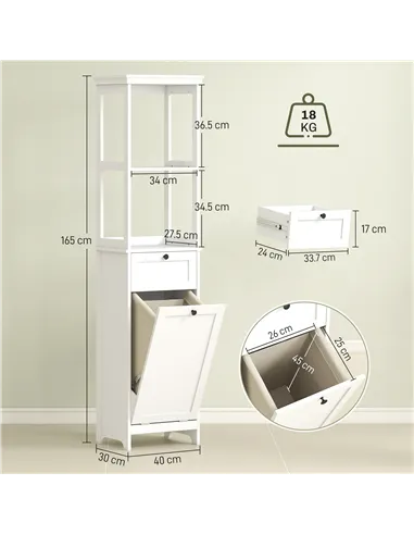 HOMCOM Tall Bathroom Cabinet, with Laundry Basket - White