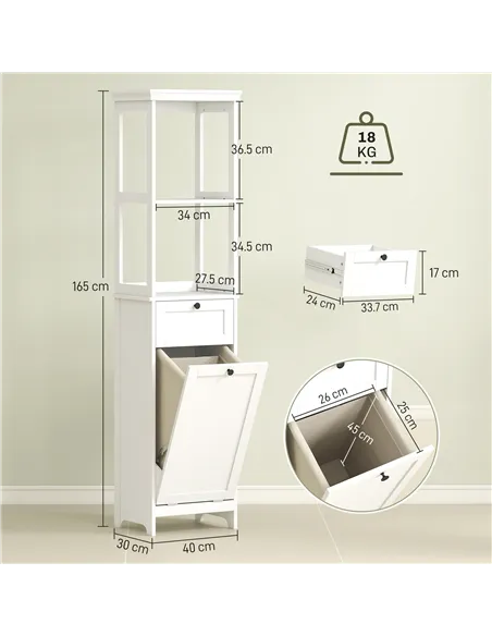 HOMCOM Tall Bathroom Cabinet, with Laundry Basket - White