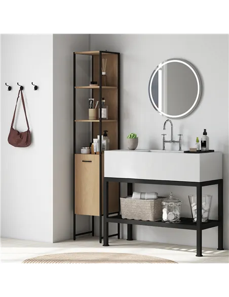 HOMCOM Tall Bathroom Cabinet with Open Shelves and Adjustable Shelf - Natural Wood Finish