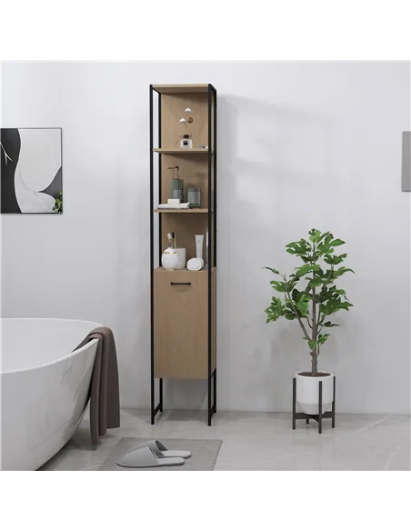 HOMCOM Tall Bathroom Cabinet with Open Shelves and Adjustable Shelf - Natural Wood Finish