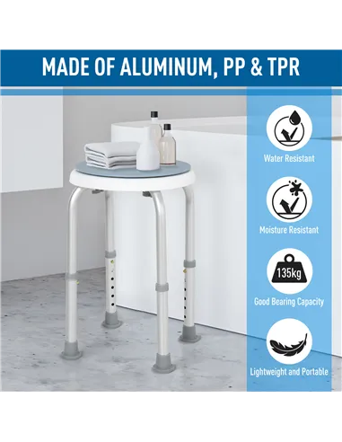 HOMCOM 360° Swivel Shower Chair, Height Adjustable Aluminium Shower Stool with Non-Slip Feet for Disabled, Elderly, Blue