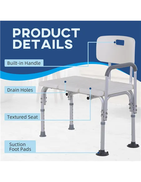 HOMCOM Height Adjustable Shower Chair, Non Slip Bath Transfer Bench for Elderly, Disabled with Armrest and Backrest, 300 lbs Cap
