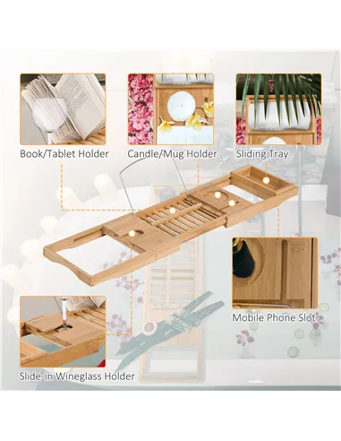 HOMCOM Extendable Bamboo Bathtub Shelf Rack Bath Caddy Tray Bathroom Storage