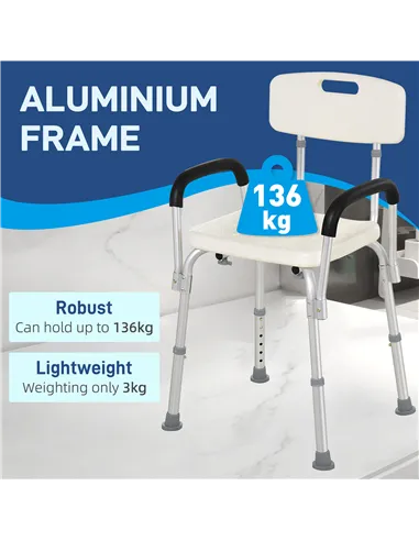 HOMCOM Adjustable Shower Chair, Shower Seat, Portable Medical Stool with Adjustable Back and Armrest for Mobility