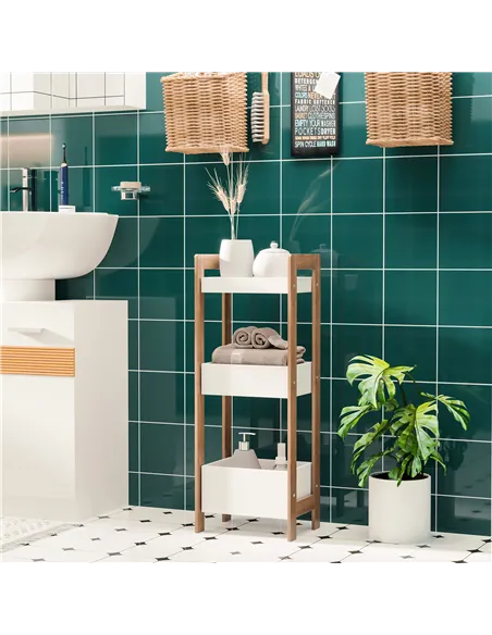 HOMCOM 3-Tier Bathroom Rack Storage Shelf Bamboo Organiser Shower Tower for Narrow Place