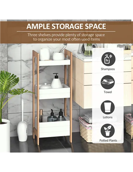 HOMCOM 3-Tier Bathroom Rack Storage Shelf Bamboo Organiser Shower Tower for Narrow Place