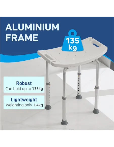 HOMCOM Height Adjustable Bath Stool, Aluminium Shower Stool with Non-Slip Pads for Elderly, Disabled, Seniors, Pregnant, White