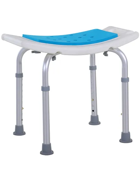 HOMCOM 6-Level Height Adjustable Aluminium Bath Room Stool Chair Shower Non-Slip Design w/ Padded Seat Drainage Holes Foot Pad, 