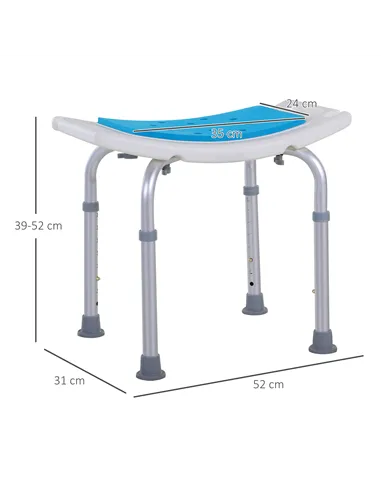 HOMCOM 6-Level Height Adjustable Aluminium Bath Room Stool Chair Shower Non-Slip Design w/ Padded Seat Drainage Holes Foot Pad, 