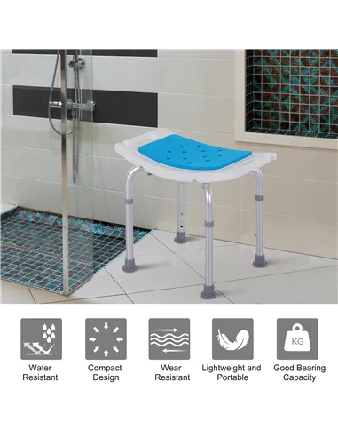 HOMCOM 6-Level Height Adjustable Aluminium Bath Room Stool Chair Shower Non-Slip Design w/ Padded Seat Drainage Holes Foot Pad, 