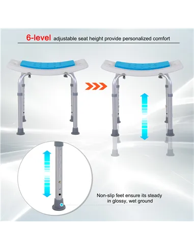 HOMCOM 6-Level Height Adjustable Aluminium Bath Room Stool Chair Shower Non-Slip Design w/ Padded Seat Drainage Holes Foot Pad, 