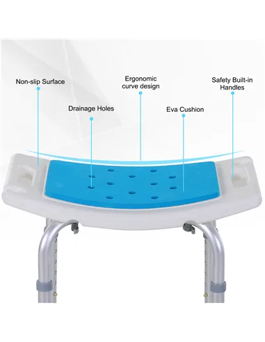 HOMCOM 6-Level Height Adjustable Aluminium Bath Room Stool Chair Shower Non-Slip Design w/ Padded Seat Drainage Holes Foot Pad, 
