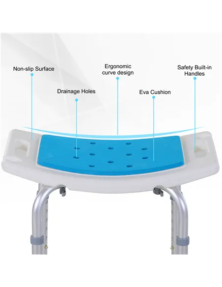 HOMCOM 6-Level Height Adjustable Aluminium Bath Room Stool Chair Shower Non-Slip Design w/ Padded Seat Drainage Holes Foot Pad, 