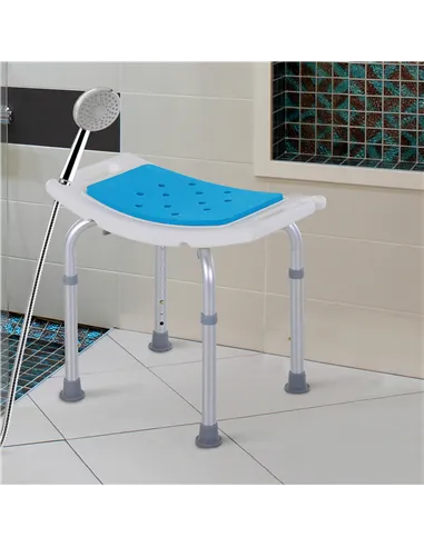 HOMCOM 6-Level Height Adjustable Aluminium Bath Room Stool Chair Shower Non-Slip Design w/ Padded Seat Drainage Holes Foot Pad, 