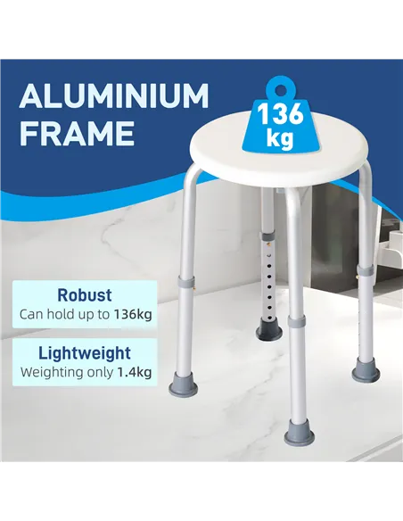HOMCOM Shower Chair, Height Adjustable Aluminium Shower Stool with Non-Slip Feet for Disabled, Elderly, White