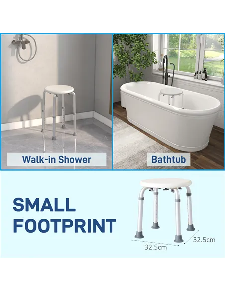 HOMCOM Shower Chair, Height Adjustable Aluminium Shower Stool with Non-Slip Feet for Disabled, Elderly, White