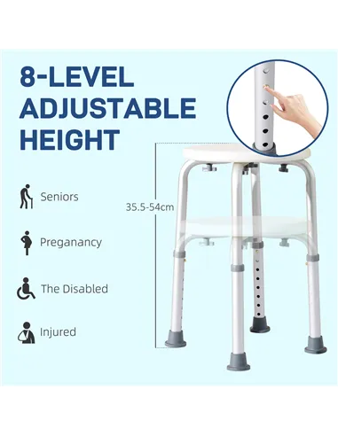 HOMCOM Shower Chair, Height Adjustable Aluminium Shower Stool with Non-Slip Feet for Disabled, Elderly, White