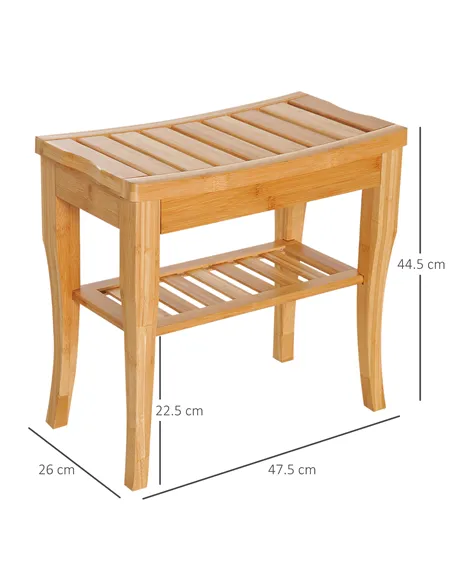 HOMCOM 45cm 2-Tier Slatted Shower Bench Storage Seat w/ 4 Legs Comfortable Safe Bathroom Stool Spa Bath Organiser