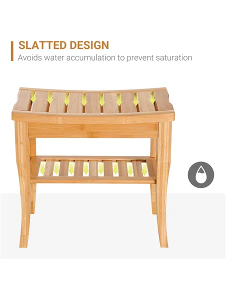 HOMCOM 45cm 2-Tier Slatted Shower Bench Storage Seat w/ 4 Legs Comfortable Safe Bathroom Stool Spa Bath Organiser
