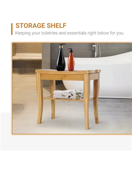 HOMCOM 45cm 2-Tier Slatted Shower Bench Storage Seat w/ 4 Legs Comfortable Safe Bathroom Stool Spa Bath Organiser