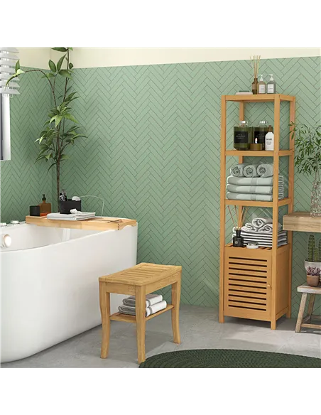 HOMCOM 45cm 2-Tier Slatted Shower Bench Storage Seat w/ 4 Legs Comfortable Safe Bathroom Stool Spa Bath Organiser
