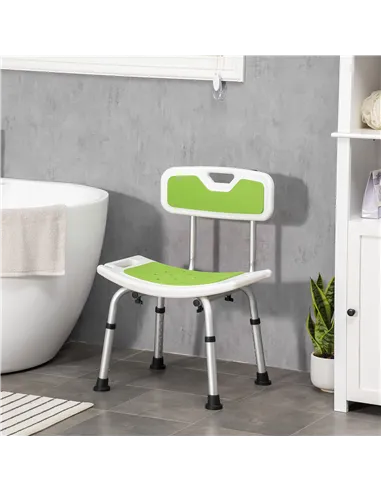 HOMCOM Shower Stool with Backrest, Height Adjustable Shower Chair with Anti-slip Foot Pads, Shower Head Holder, Green