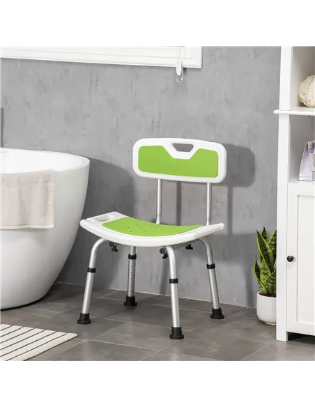 HOMCOM Shower Stool with Backrest, Height Adjustable Shower Chair with Anti-slip Foot Pads, Shower Head Holder, Green