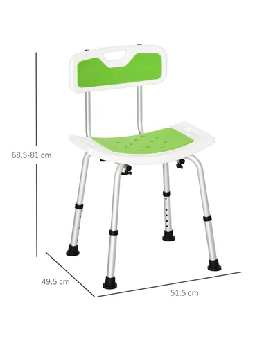 HOMCOM Shower Stool with Backrest, Height Adjustable Shower Chair with Anti-slip Foot Pads, Shower Head Holder, Green