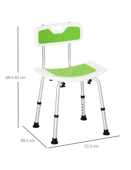 HOMCOM Shower Stool with Backrest, Height Adjustable Shower Chair with Anti-slip Foot Pads, Shower Head Holder, Green