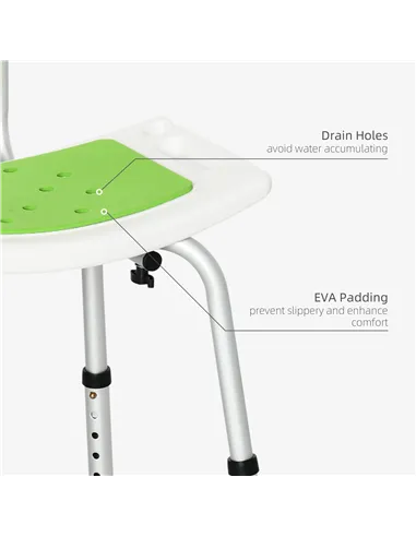 HOMCOM Shower Stool with Backrest, Height Adjustable Shower Chair with Anti-slip Foot Pads, Shower Head Holder, Green