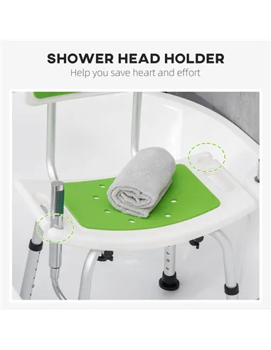 HOMCOM Shower Stool with Backrest, Height Adjustable Shower Chair with Anti-slip Foot Pads, Shower Head Holder, Green