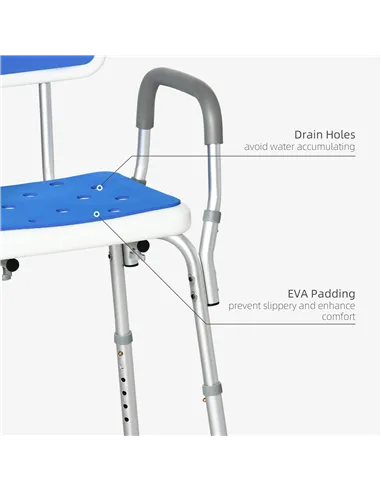 HOMCOM EVA Padded Shower Chair for the Elderly and Disabled, Height Adjustable Shower Stool with Back and Arms, 4 Suction Foot P