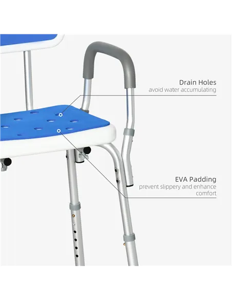HOMCOM EVA Padded Shower Chair for the Elderly and Disabled, Height Adjustable Shower Stool with Back and Arms, 4 Suction Foot P