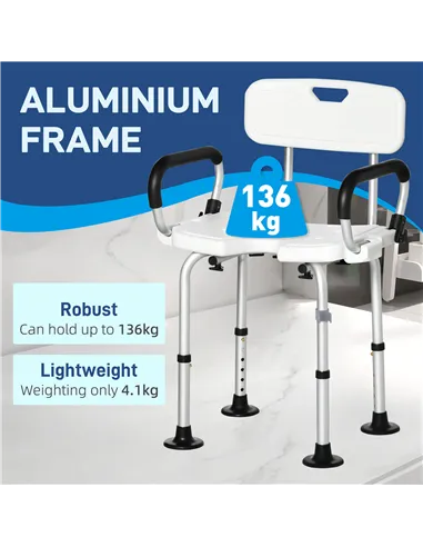 HOMCOM Shower Chair for the Elderly and Disabled, Height Adjustable Shower Stool with Back and Flipped Padded Arms, Suction Foot
