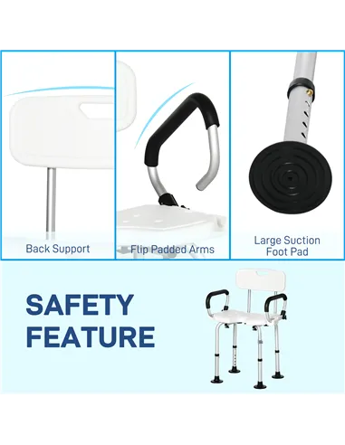 HOMCOM Shower Chair for the Elderly and Disabled, Height Adjustable Shower Stool with Back and Flipped Padded Arms, Suction Foot