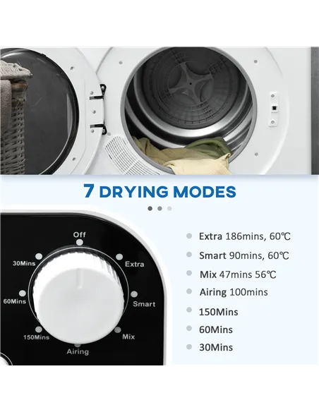 HOMCOM 6kg Vented Tumble Dryer, Freestanding, Wall Mounted, Stackable, Portable Dryer with 7 Programmers, White
