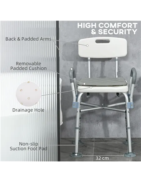 HOMCOM Aluminium Shower Chair with Backs and Arms, Height Adjustable Shower Seat with Removable Padded Cushion, Bath Stool for S