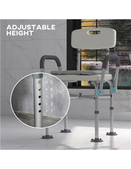 HOMCOM Aluminium Shower Chair with Backs and Arms, Height Adjustable Shower Seat with Removable Padded Cushion, Bath Stool for S