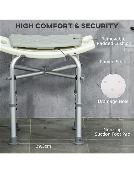 HOMCOM Aluminium Shower Stool for Elderly, Height Adjustable Shower Seat with Removable Padded Cushion, Shower Head Holder, Non-