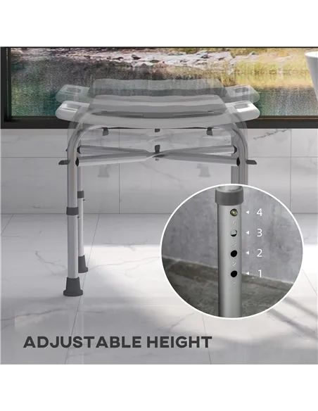 HOMCOM Aluminium Shower Stool for Elderly, Height Adjustable Shower Seat with Removable Padded Cushion, Shower Head Holder, Non-