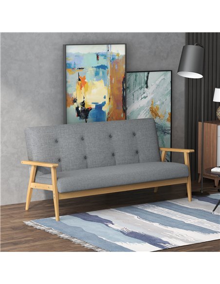 HOMCOM 3 Seater Sofa Modern Linen Fabric Upholstery Tufted Couch with Rubberwood Legs for Living Room and Kitchen, 155cm, Dark G
