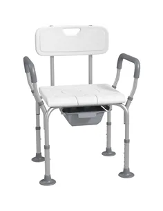 HOMCOM Height Adjustable Shower Stool with Arms and Back, Non-Slip Bedside Commode with Detachable Bucket for Elderly, White