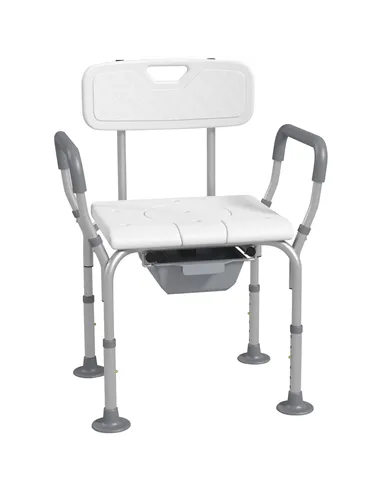 HOMCOM Height Adjustable Shower Stool with Arms and Back, Non-Slip Bedside Commode with Detachable Bucket for Elderly, White