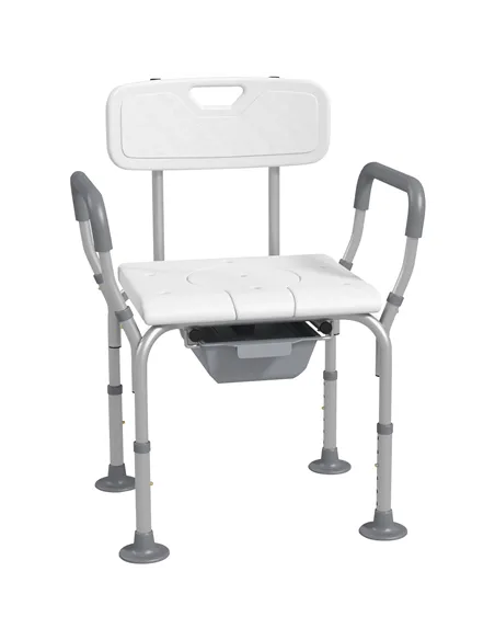 HOMCOM Height Adjustable Shower Stool with Arms and Back, Non-Slip Bedside Commode with Detachable Bucket for Elderly, White