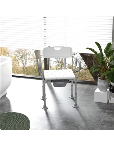 HOMCOM Height Adjustable Shower Stool with Arms and Back, Non-Slip Bedside Commode with Detachable Bucket for Elderly, White