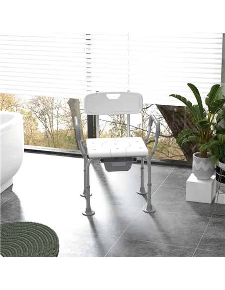 HOMCOM Height Adjustable Shower Stool with Arms and Back, Non-Slip Bedside Commode with Detachable Bucket for Elderly, White